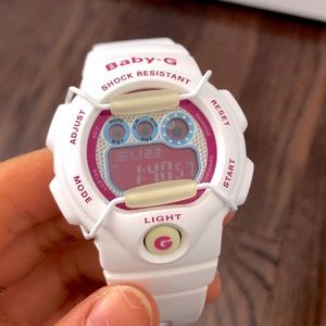 baby g retro digital watch white and pink